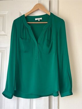 Milly Emerald Green Silk Blouse Split Neck Utility Top Size 10